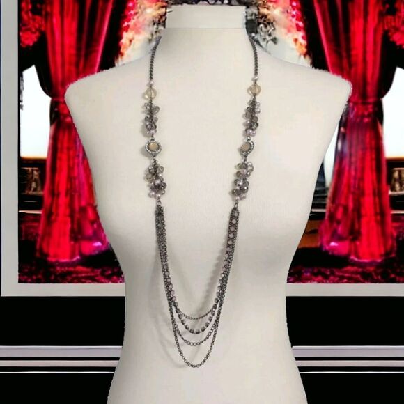 Bohemian Multi Strand Necklace Rhinestones Beaded Gunmetal Simply Vera Wang - Picture 14 of 16
